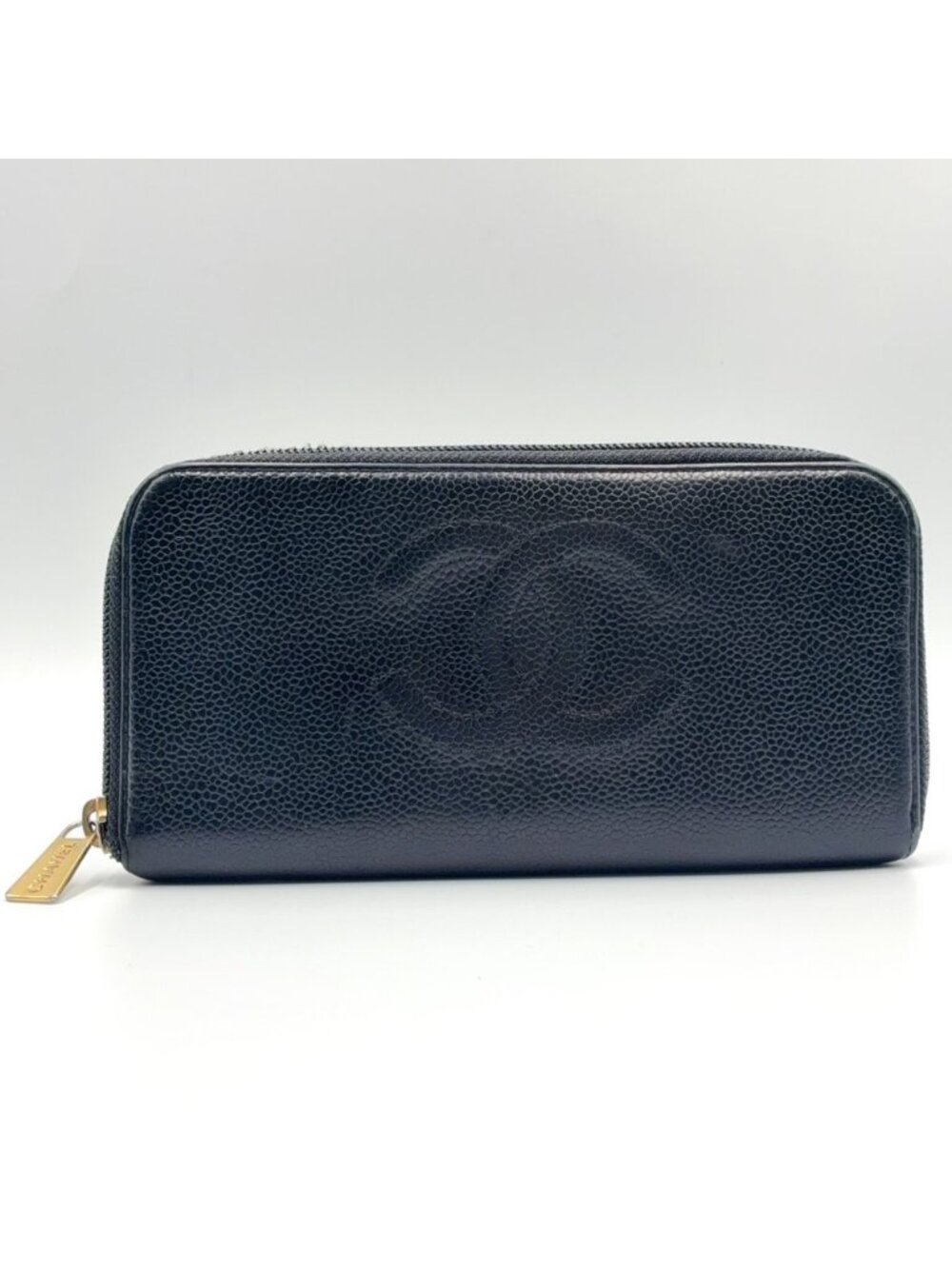 Chanel CC Logo Caviar Leather Zip Around Black Wallet Gold